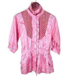 Womens Top Sz L %100 Silk Romantic Fairy Poet Lace Ruffle Cottage Cosplay Pink